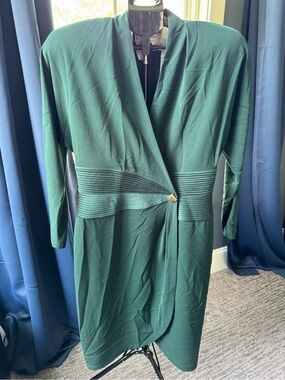 Vintage Daymor Couture Dark Green Pleated Waist Wrap Midi Dress Sz 12